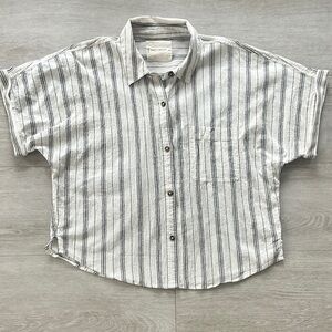 Lucky Brand Women’s White and Gray Striped Casual Button Down Blouse, Size Small